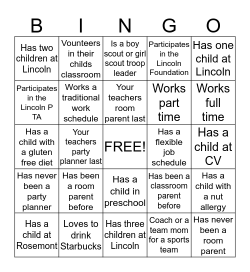 Room Parent Bingo Card