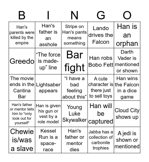 Han Solo Shitty Movie BINGO Card