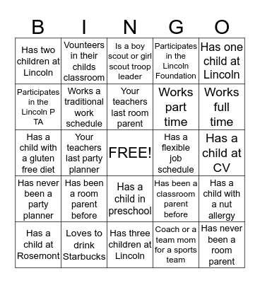 Room Parent Bingo Card