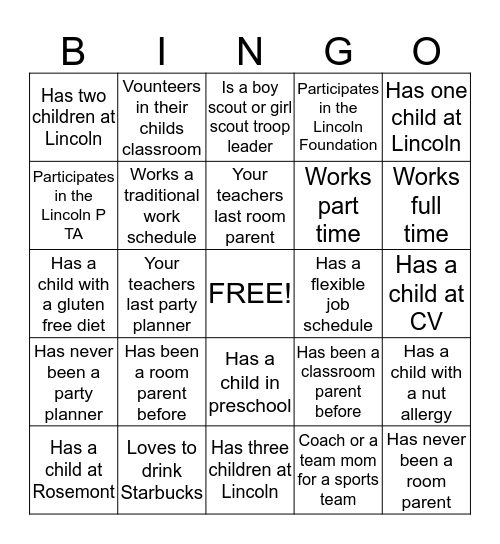 Room Parent Bingo Card