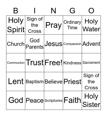 Baptism Bingo Card