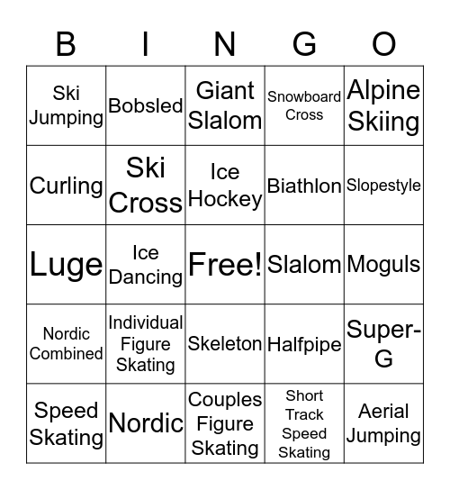 Winter Olympic Bingo Card