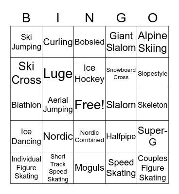 Winter Olympic Bingo Card