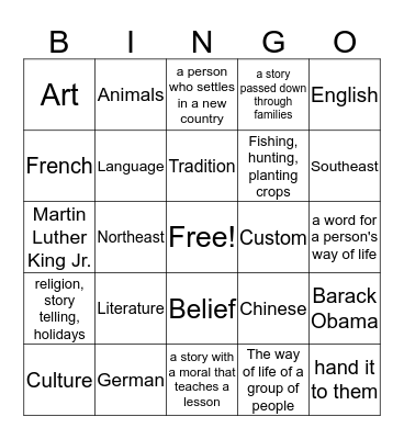 Cultural Contributions  Bingo Card