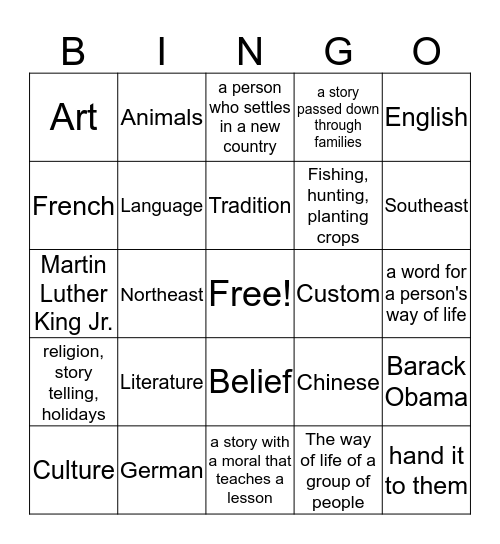 Cultural Contributions  Bingo Card