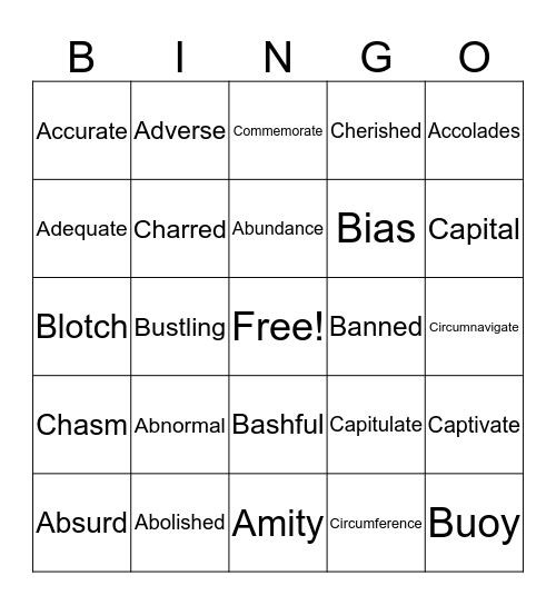 STAR Vocab Review a- c 1 Bingo Card