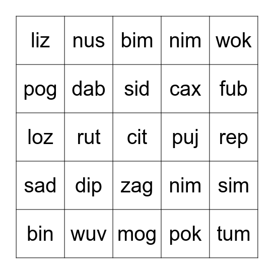 Silly Words October Bingo Card