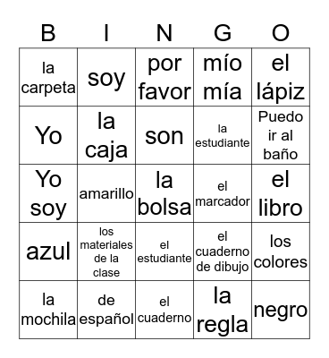 Cuarto Grado - La clase de español Bingo Card