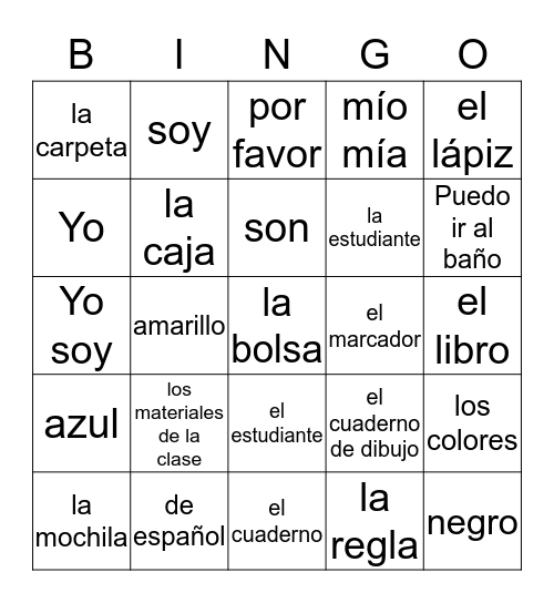 Cuarto Grado - La clase de español Bingo Card