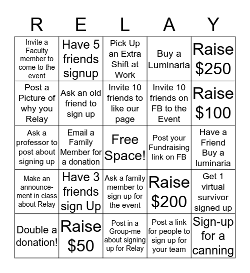 Relay Rockstar Bingo Card