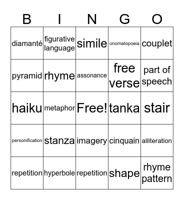 POETRY TERMS & TYPES Bingo Card