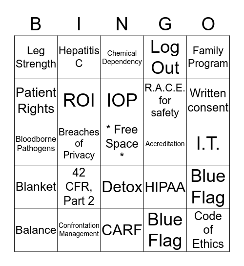 Serenity Lane Competency Training Bingo Card