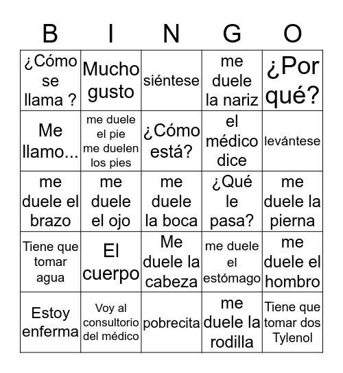 Séptimo Grado - Las partes del cuerpo Bingo Card