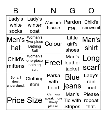 Clothes, Size, Colour and Price Bingo Card