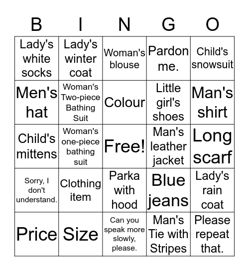 Clothes, Size, Colour and Price Bingo Card
