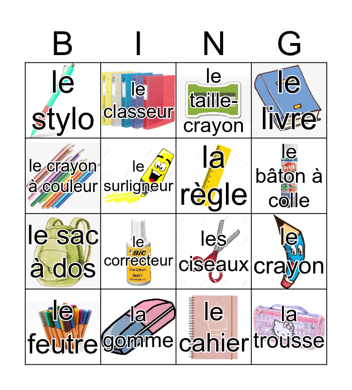 Bingo du matériel scolaire en anglais