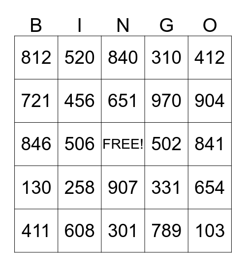 Hundreds Numbers Bingo Card