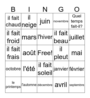 Weather, Months, Seasons Bingo Card