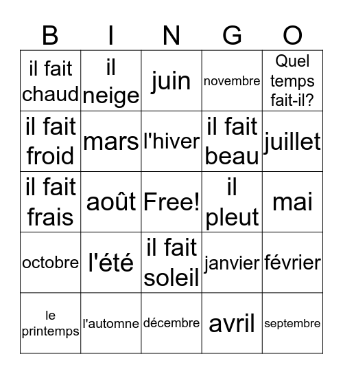 Weather, Months, Seasons Bingo Card