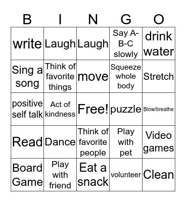 Coping Skills Bingo Card