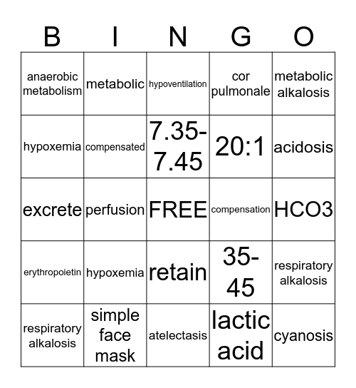 Oxygenation Bingo Card