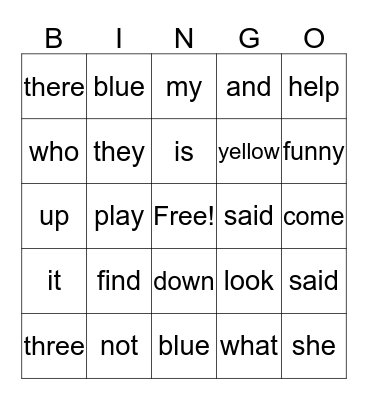 Sight Words Bingo Card