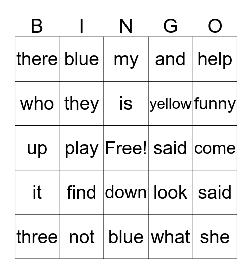 Sight Words Bingo Card