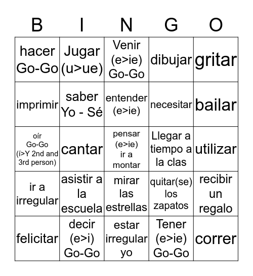 Octavo Grado - Los verbos nuevos Bingo Card