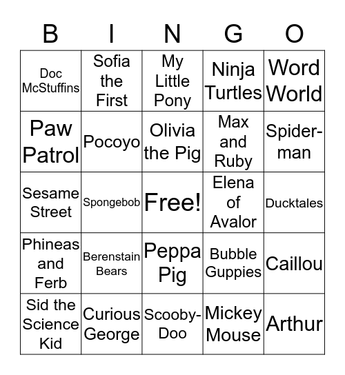 Cartoons Bingo Card