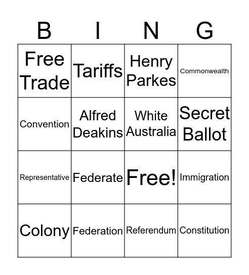 The Road to Federation Bingo Card