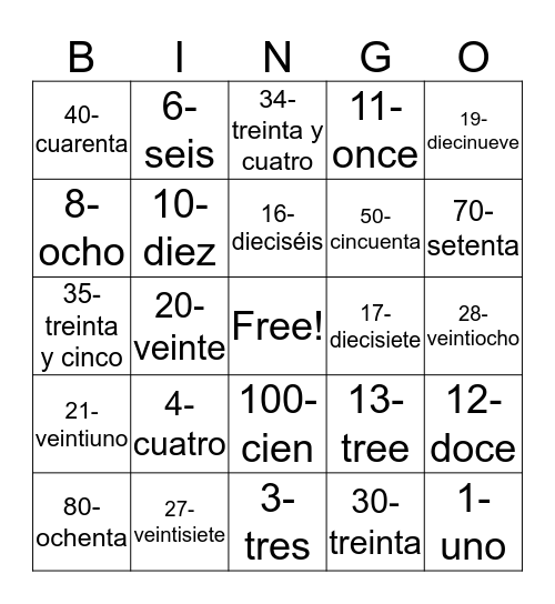 Numeros 0 - 100 Bingo Card