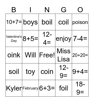 First grade oi/oy 2/5/18 Bingo Card