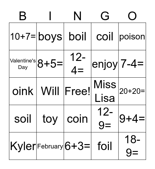 First grade oi/oy 2/5/18 Bingo Card