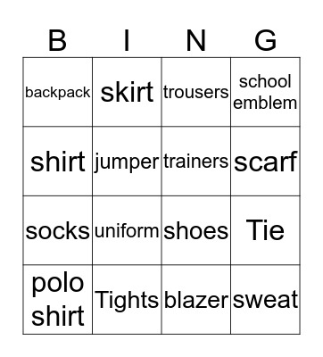 School uniform Bingo Card
