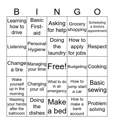 Life Skills Bingo! Bingo Card