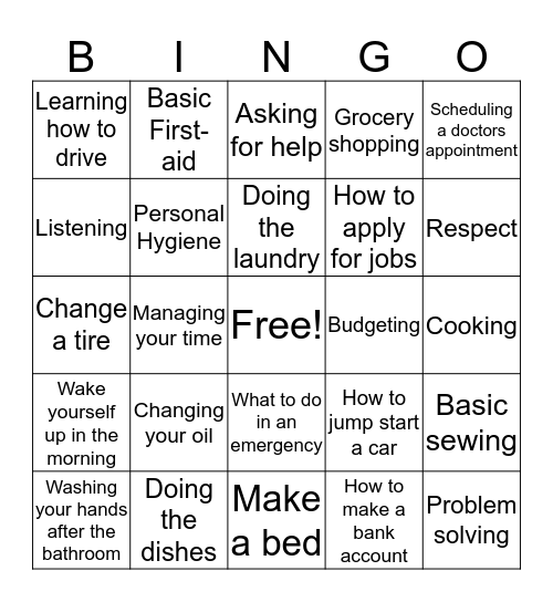 Life Skills Bingo! Bingo Card