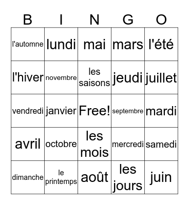 Les jours, les mois, les saisons Bingo Card