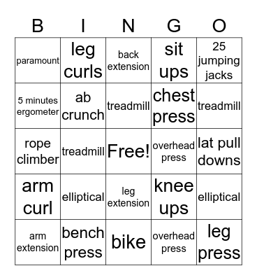 Fitness Bingo Card