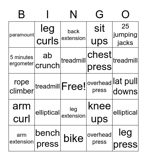 Fitness Bingo Card