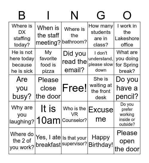 Feb. 6th Class Bingo Card