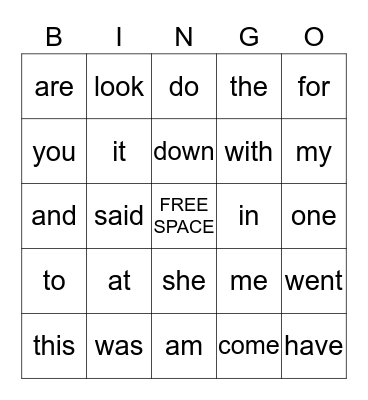 Sight Word  Bingo Card