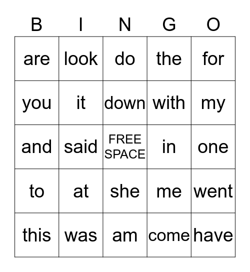 Sight Word  Bingo Card