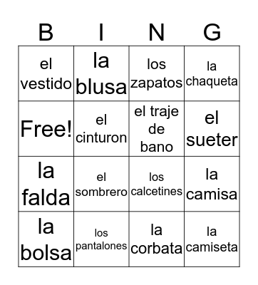 La Ropa Bingo Card