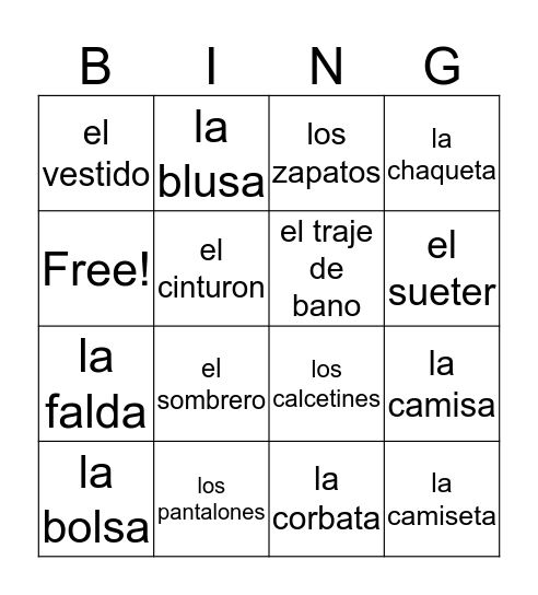 La Ropa Bingo Card