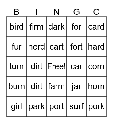 R- controlled words Bingo Card