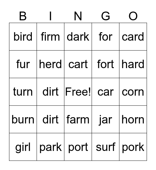 R- controlled words Bingo Card