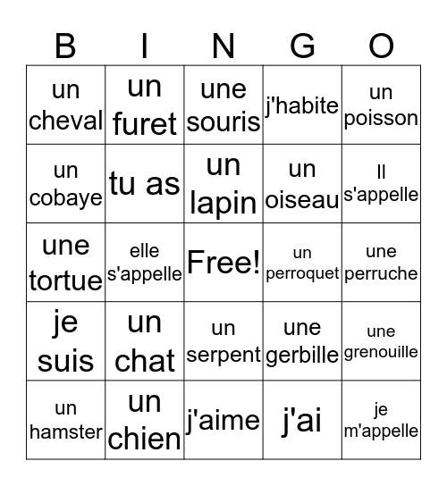 Les Animaux de Compagnie Bingo Card