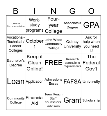 Quincy Teen REACH College Day BINGO Card