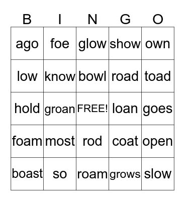 Long o wordsBingo Card