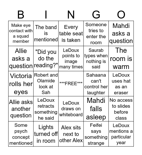 The Amygdaloids Bingo Card